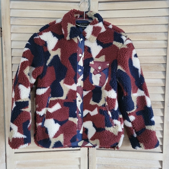 Rag & bone Elliot Burgundy Camo Print Fleece Sherpa Button Up Jacket XXS - Picture 1 of 7